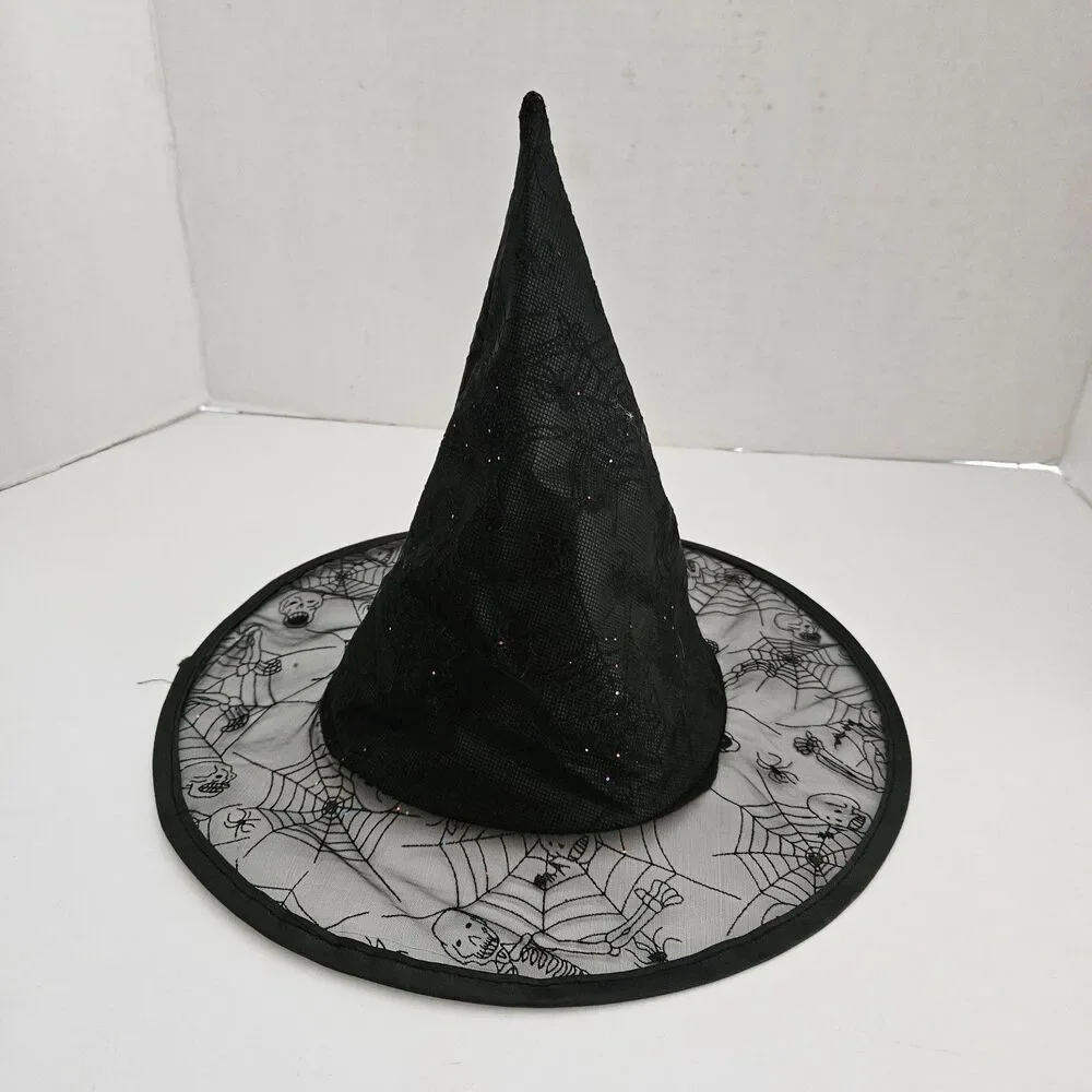 Witch's Hat Youth Size Black Wide Brim with Spider Web and Skull Pattern